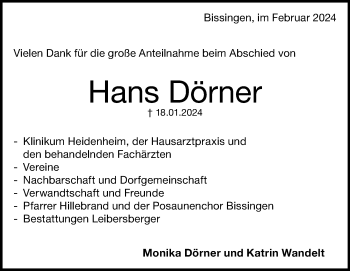 Traueranzeige von Hans Dörner von Heidenheimer Zeitung
