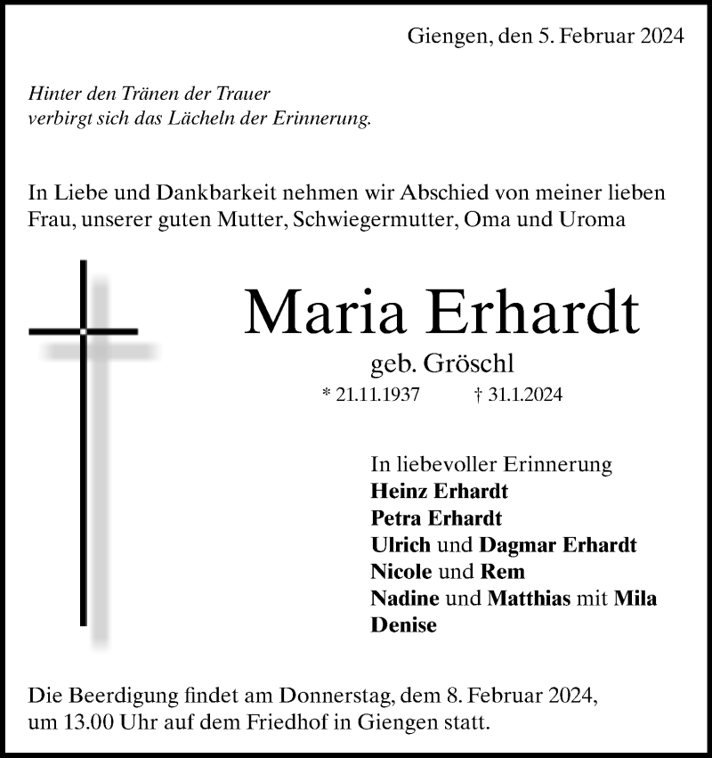  Traueranzeige für Maria Erhardt vom 05.02.2024 aus Heidenheimer Zeitung