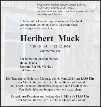 Traueranzeige von Heribert Mack von Heidenheimer Zeitung
