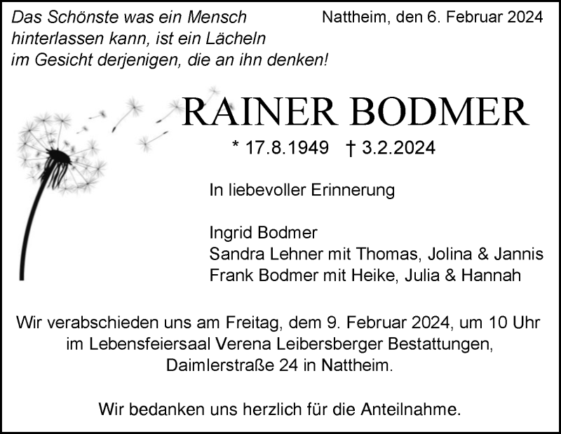  Traueranzeige für Rainer Bodmer vom 06.02.2024 aus Heidenheimer Zeitung