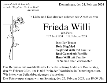 Traueranzeige von Frieda Willi von Heidenheimer Zeitung