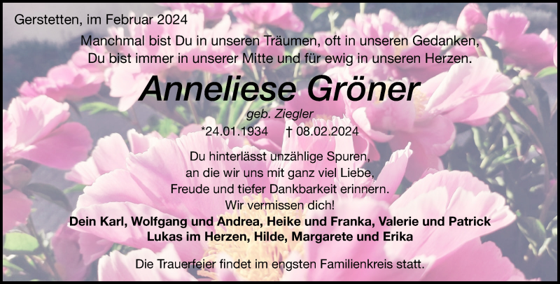  Traueranzeige für Anneliese Gröner vom 12.02.2024 aus Heidenheimer Zeitung