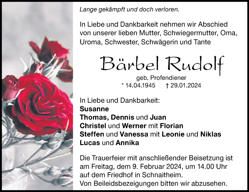  Traueranzeige für Bärbel Rudolf vom 02.02.2024 aus Heidenheimer Zeitung