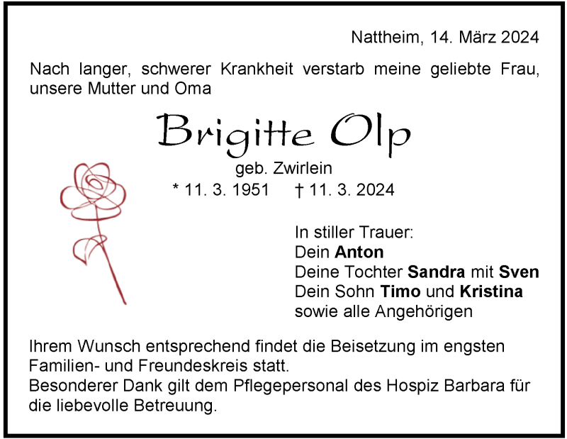  Traueranzeige für Brigitte Olp vom 14.03.2024 aus Heidenheimer Zeitung