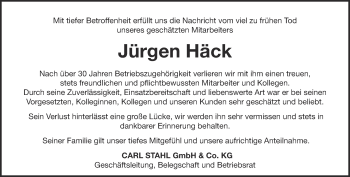 Traueranzeige von Jürgen Häck von Heidenheimer Zeitung