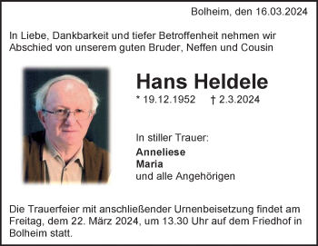 Traueranzeige von Hans Heldele von Heidenheimer Zeitung