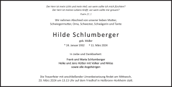 Traueranzeige von Hilde Schlumberger von Heidenheimer Zeitung