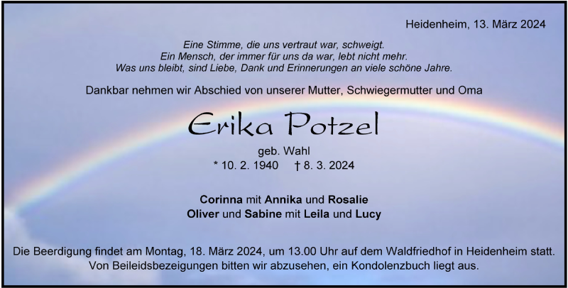  Traueranzeige für Erika Potzel vom 13.03.2024 aus Heidenheimer Zeitung
