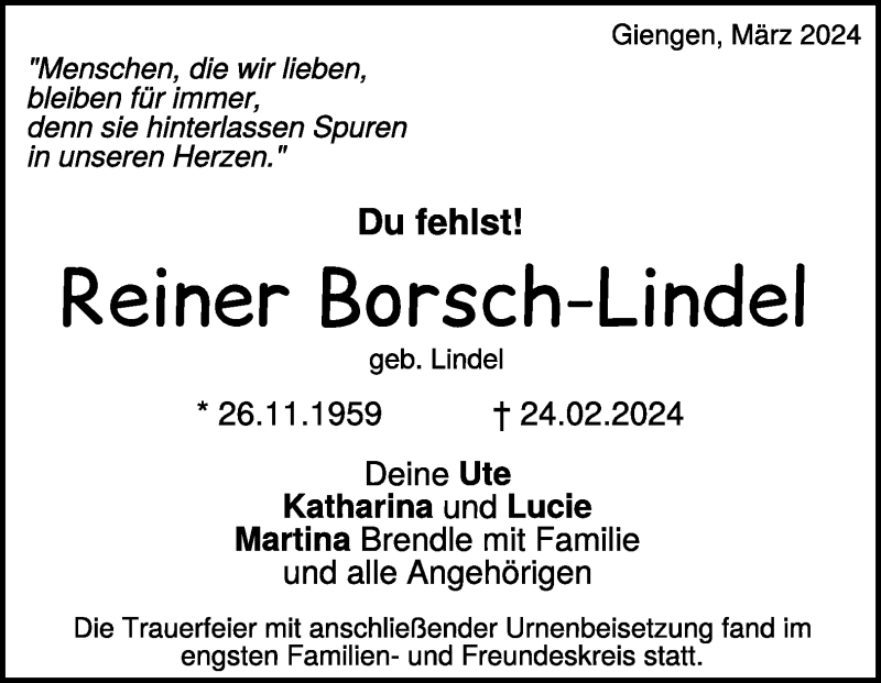  Traueranzeige für Reiner Borsch-Lindel vom 13.03.2024 aus Heidenheimer Zeitung