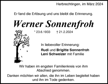 Traueranzeige von Werner Sonnenfroh von Heidenheimer Zeitung