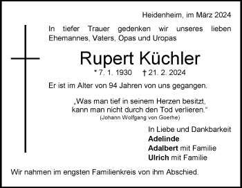 Traueranzeige von Rupert Küchler von Heidenheimer Zeitung