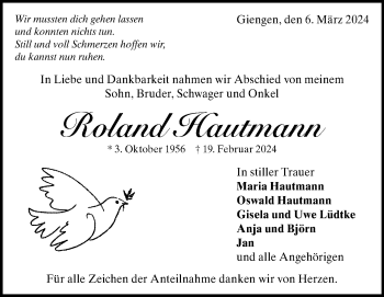 Traueranzeige von Roland  Hautmann von Heidenheimer Zeitung