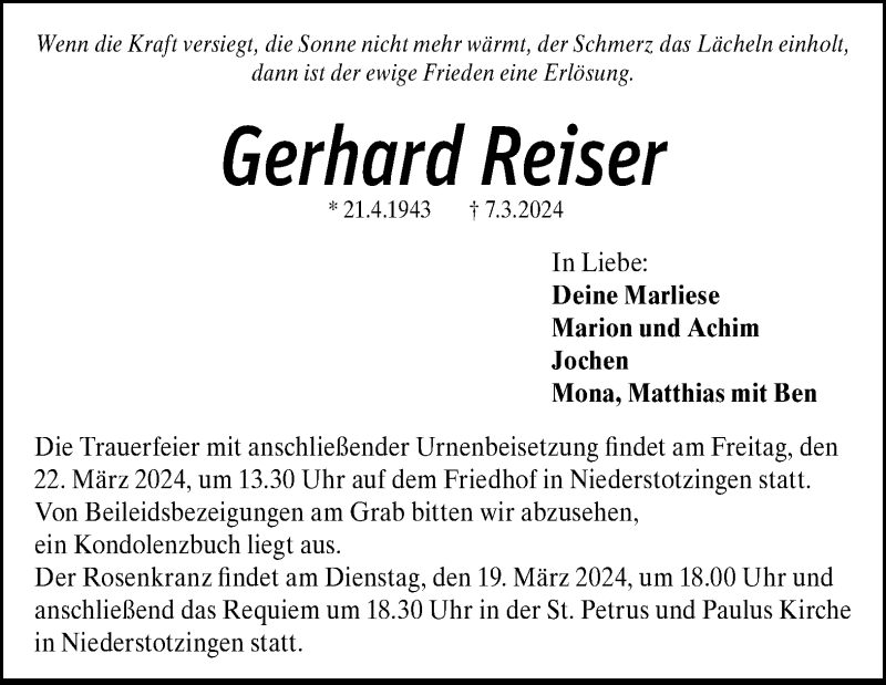 Traueranzeige für Gerhard Reiser vom 18.03.2024 aus Heidenheimer Zeitung