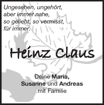 Traueranzeige von Heinz Claus von Heidenheimer Zeitung