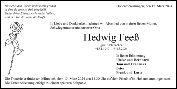 Traueranzeige von Hedwig Feeß von Heidenheimer Zeitung