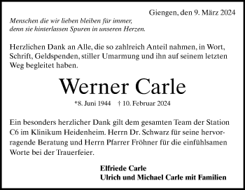 Traueranzeige von Werner Carle von Heidenheimer Zeitung