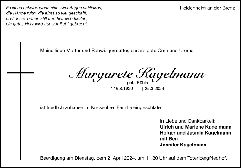  Traueranzeige für Margarete Kagelmann vom 28.03.2024 aus Heidenheimer Zeitung