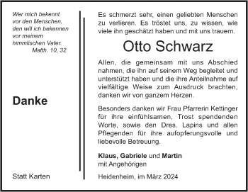 Traueranzeige von Otto Schwarz von Heidenheimer Zeitung
