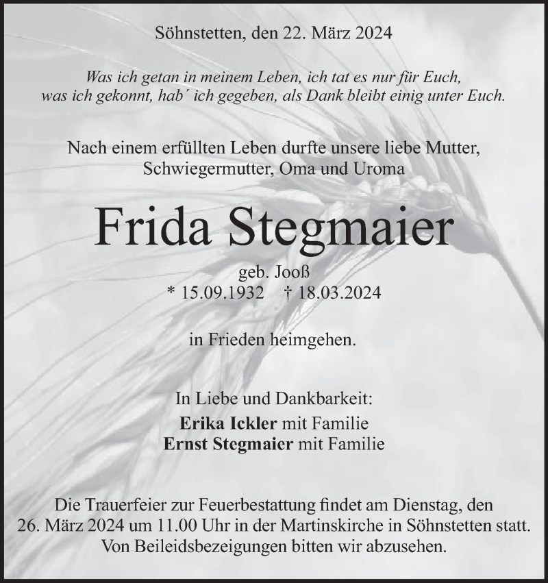  Traueranzeige für Frida Stegmaier vom 22.03.2024 aus Heidenheimer Zeitung