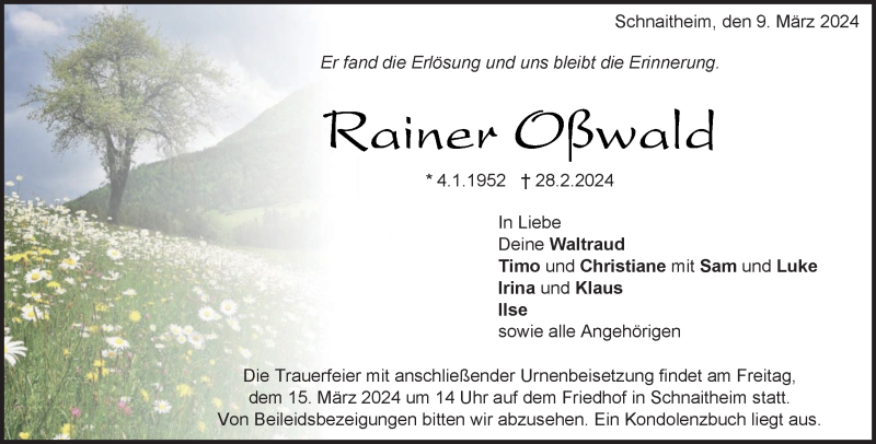  Traueranzeige für Rainer Oßwald vom 09.03.2024 aus Heidenheimer Zeitung