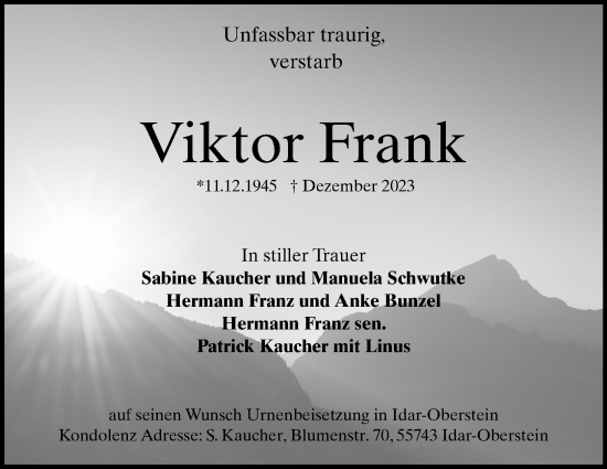 Traueranzeige von Viktor Frank von Heidenheimer Zeitung