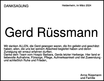 Traueranzeige von Gerd Rüssmann von Heidenheimer Zeitung