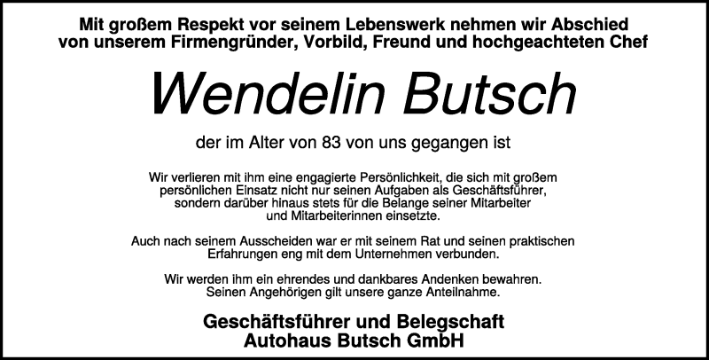  Traueranzeige für Wendelin Butsch vom 23.03.2024 aus Heidenheimer Zeitung
