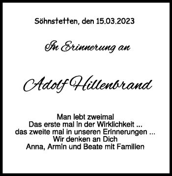 Traueranzeige von Adolf  Hillenbrand  von Heidenheimer Zeitung