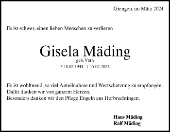 Traueranzeige von Gisela Mäding von Heidenheimer Zeitung