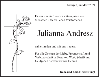 Traueranzeige von Julianna Andresz von Heidenheimer Zeitung