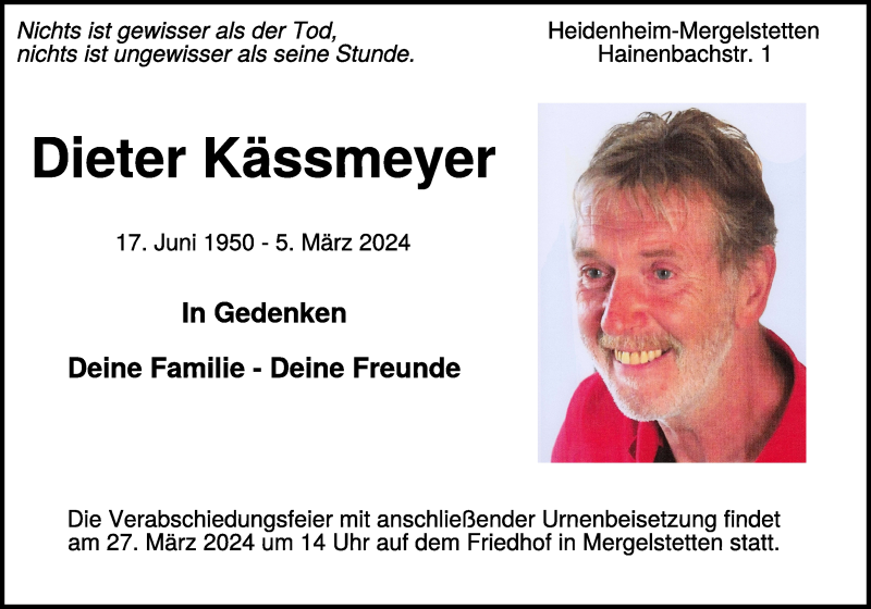  Traueranzeige für Dieter Kässmeyer vom 26.03.2024 aus Heidenheimer Zeitung