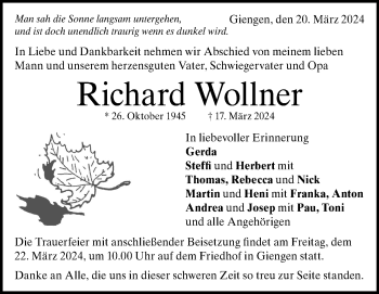 Traueranzeige von Richard Wollner von Heidenheimer Zeitung