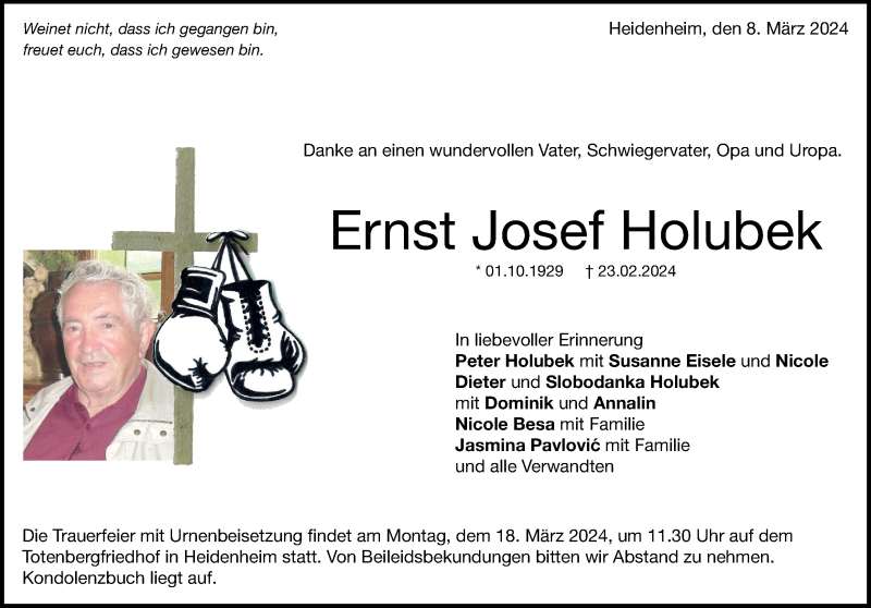  Traueranzeige für Ernst Holubek vom 08.03.2024 aus Heidenheimer Zeitung
