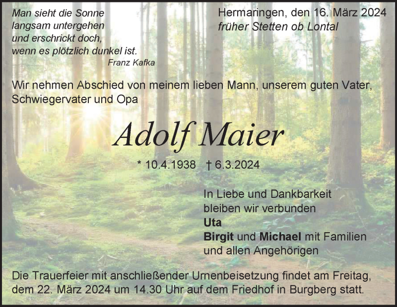  Traueranzeige für Adolf Maier vom 16.03.2024 aus Heidenheimer Zeitung