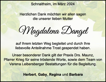 Traueranzeige von Magdalena Dangel von Heidenheimer Zeitung