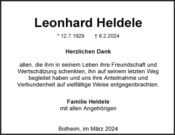 Traueranzeige von Leonhard Heldele von Heidenheimer Zeitung