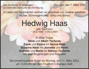 Traueranzeige von Hedwig Haas von Heidenheimer Zeitung