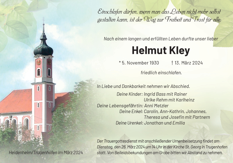  Traueranzeige für Helmut Kley vom 20.03.2024 aus Heidenheimer Zeitung