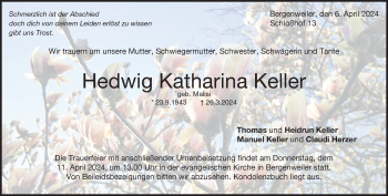 Traueranzeige von Hedwig Katharina Keller von Heidenheimer Zeitung