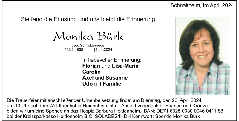  Traueranzeige für Monika Bürk vom 18.04.2024 aus Heidenheimer Zeitung