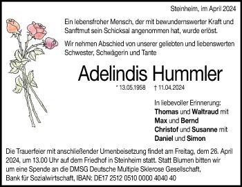 Traueranzeige von Adelindis Hummler von Heidenheimer Zeitung