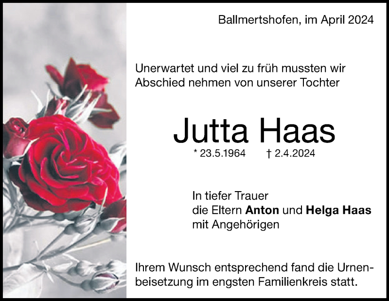  Traueranzeige für Jutta Haas vom 20.04.2024 aus Heidenheimer Zeitung