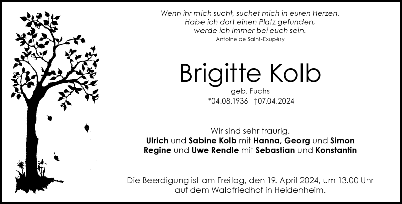  Traueranzeige für Brigitte Kolb vom 13.04.2024 aus Heidenheimer Zeitung