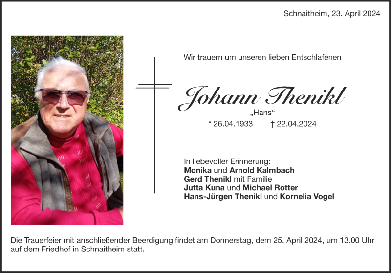  Traueranzeige für Johann Thenikl vom 23.04.2024 aus Heidenheimer Zeitung
