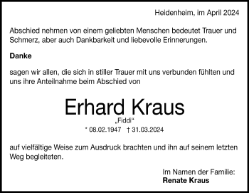 Traueranzeige von Erhard Kraus von Heidenheimer Zeitung