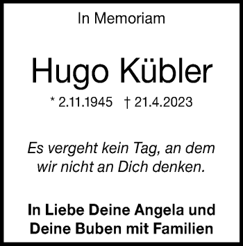 Traueranzeige von Hugo Kübler von Heidenheimer Zeitung