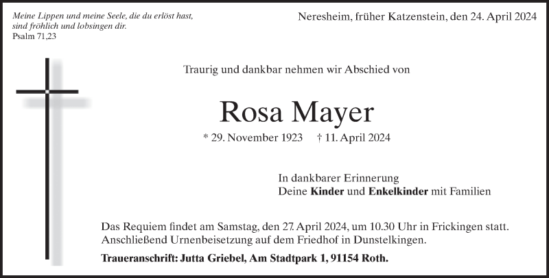  Traueranzeige für Rosa Mayer vom 24.04.2024 aus Heidenheimer Zeitung