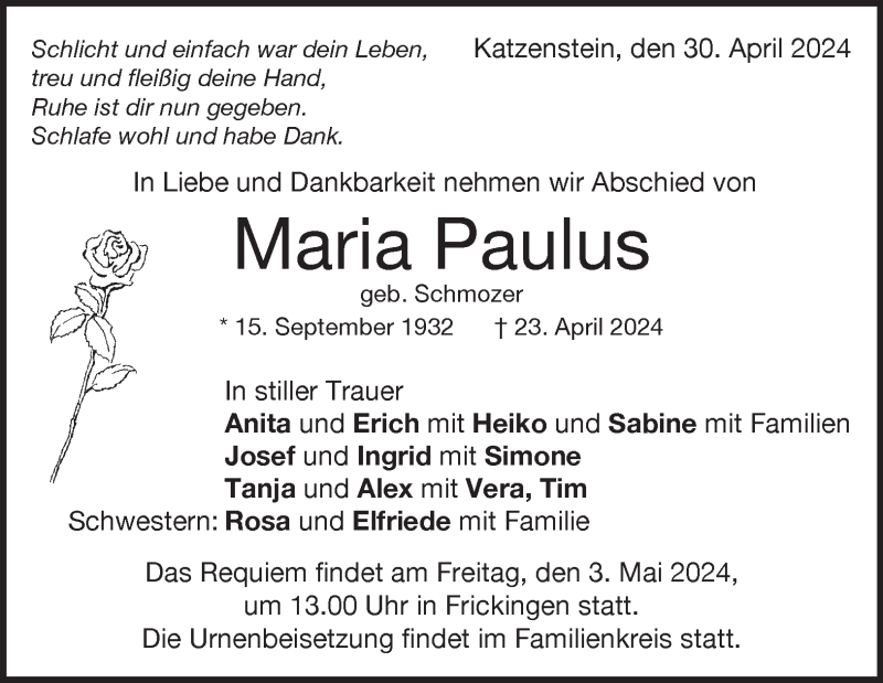  Traueranzeige für Maria Paulus vom 30.04.2024 aus Heidenheimer Zeitung