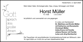 Traueranzeige von Horst Müller von Heidenheimer Zeitung