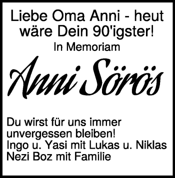 Traueranzeige von Anni Sörös von Heidenheimer Zeitung